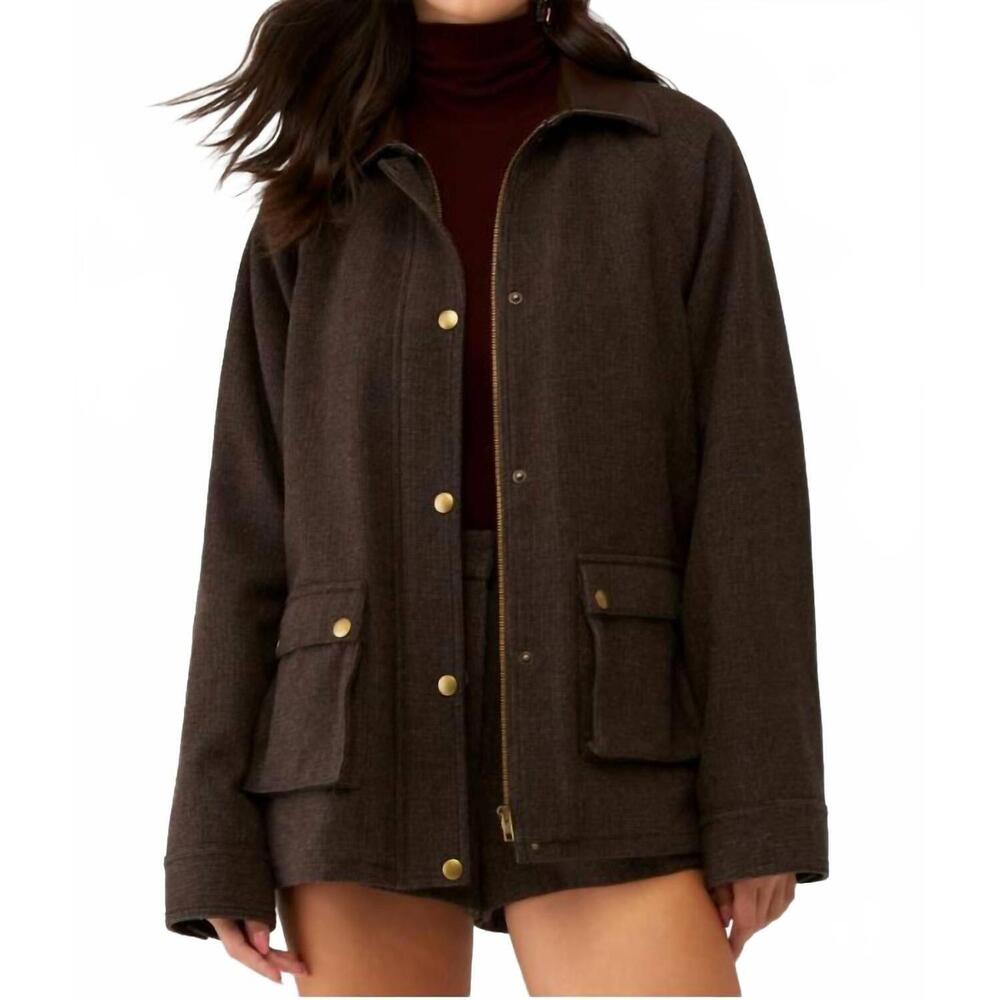 NEW ASTR rylan leather trim barn jacket in brown